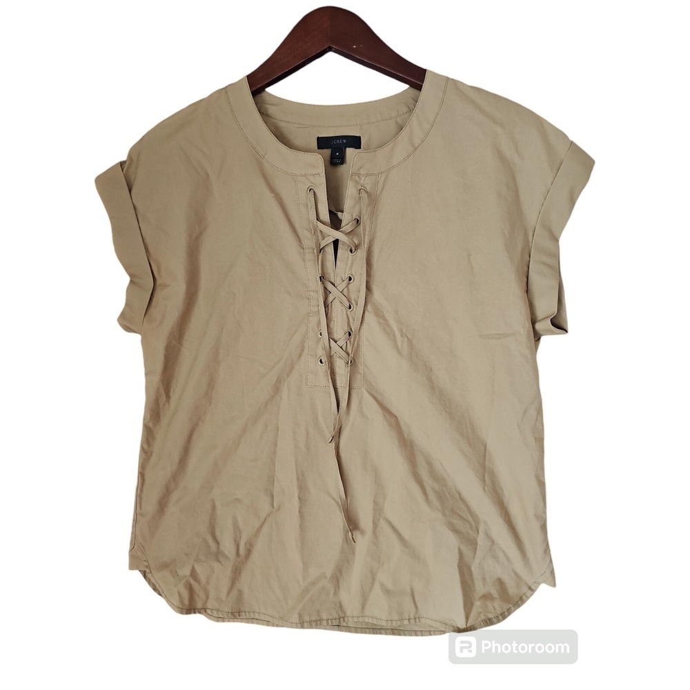 J CREW Women's Cuffed Short Cap Sleeve Tan Lace Up Neck Blouse Size 4